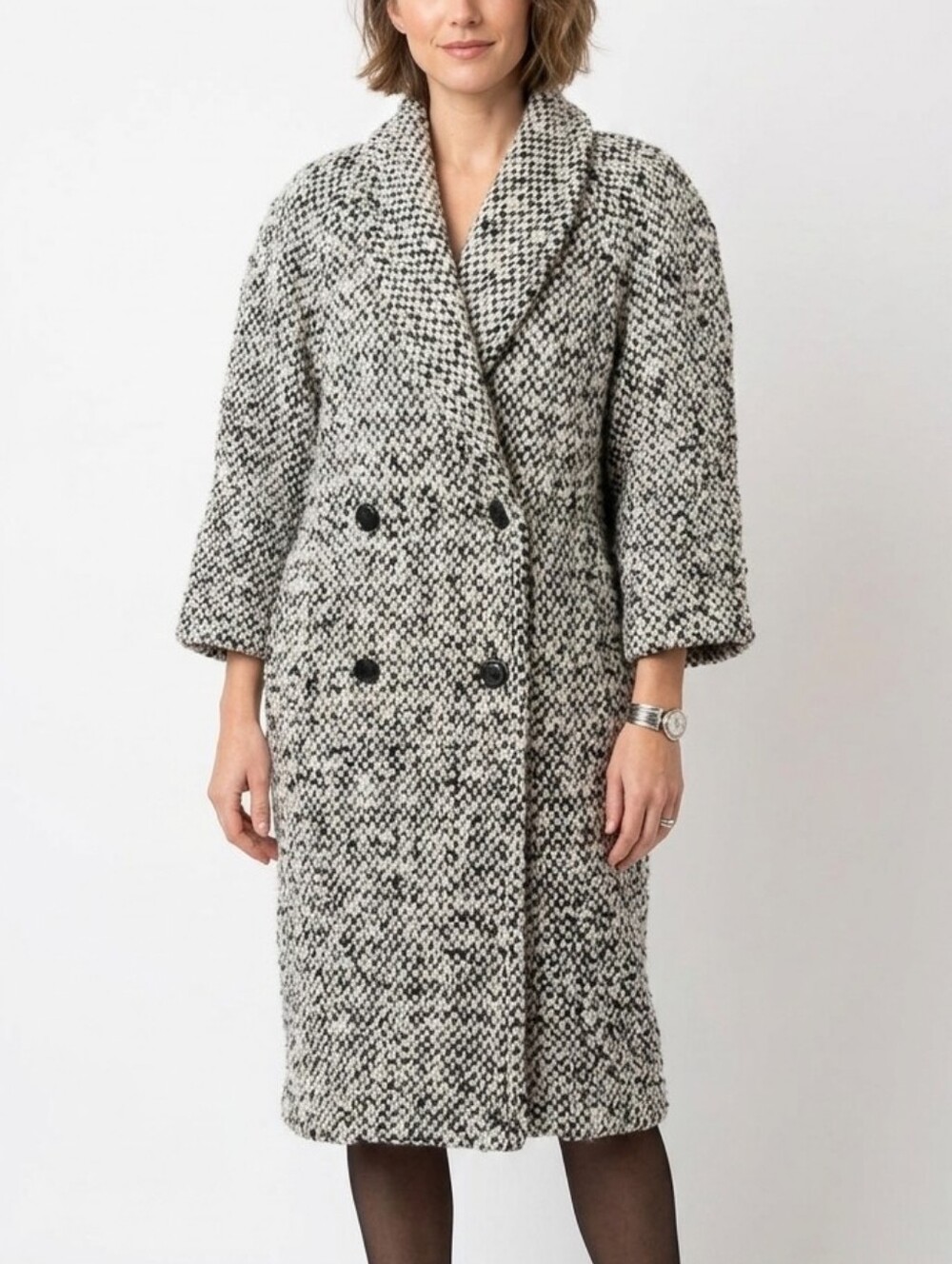 Vtg Black White Wool Boucle Chunky Knit Double Breasted Cropped Sleeve Midi Coat